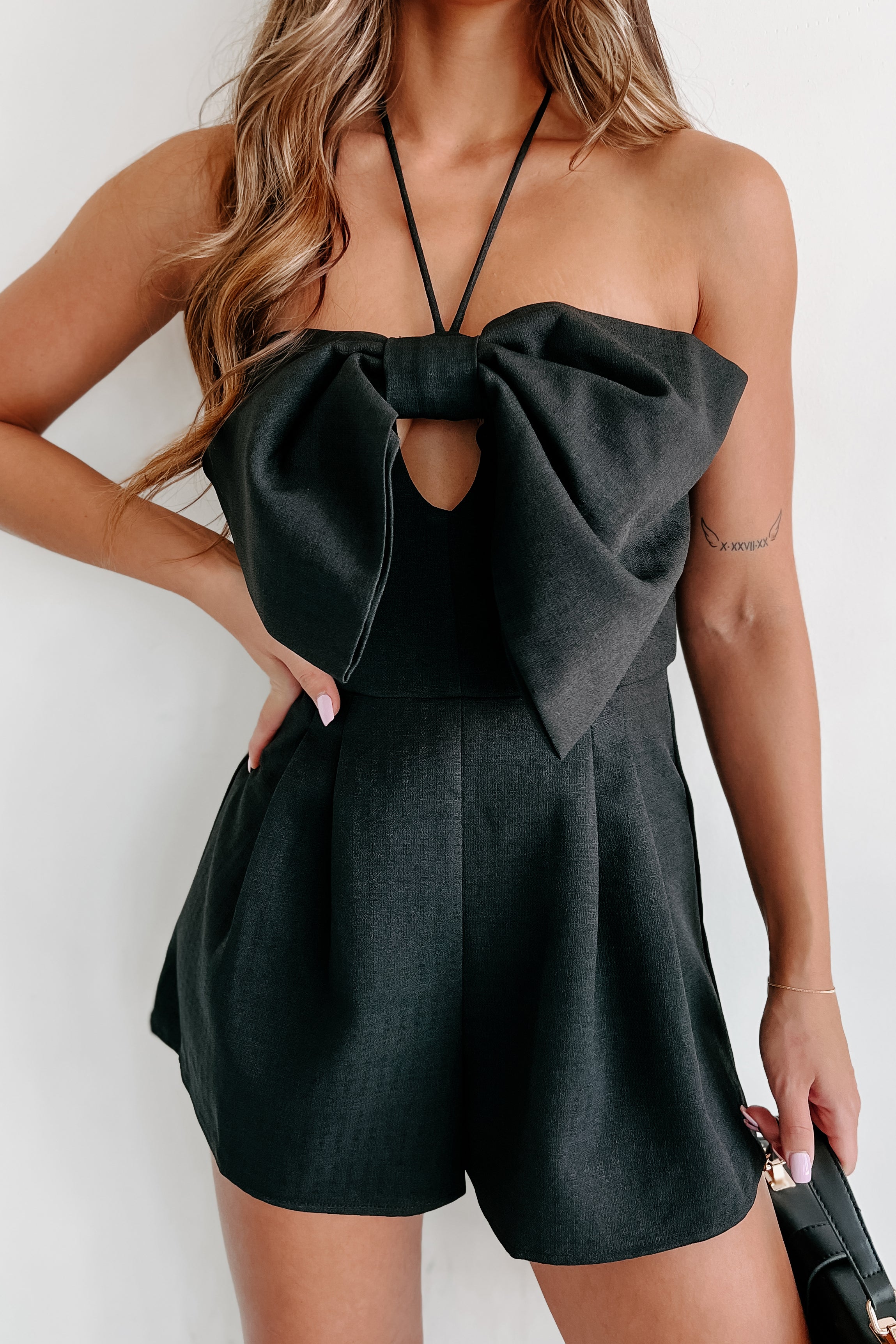 Mysterious Admirer Bow-Front Halter Tie Romper (Black)