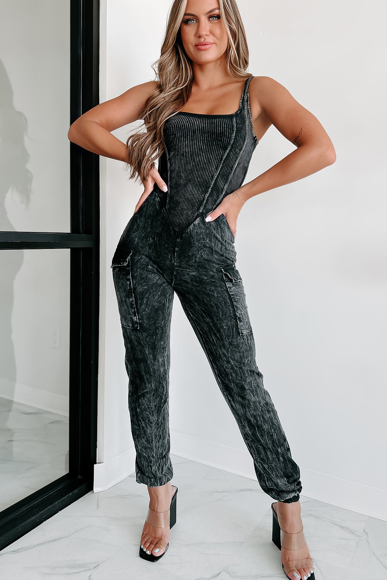 No Issues Here Mineral Wash Cargo Jumpsuit (Black) - NanaMacs