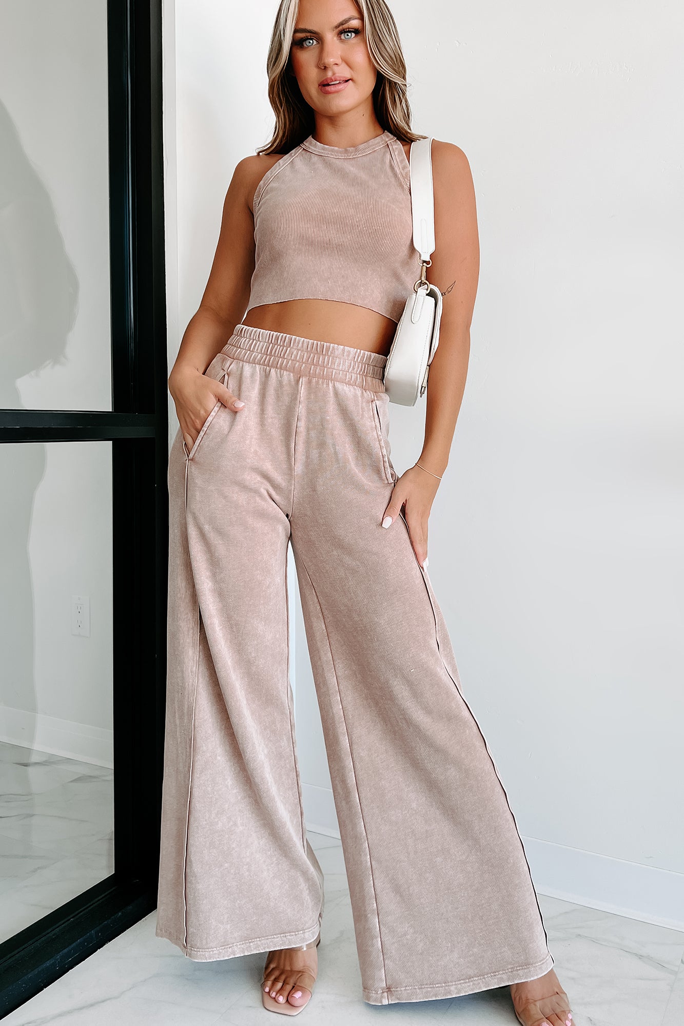 Casually Comfy Mineral Wash Crop Top & Pants Set (Taupe) · NanaMacs