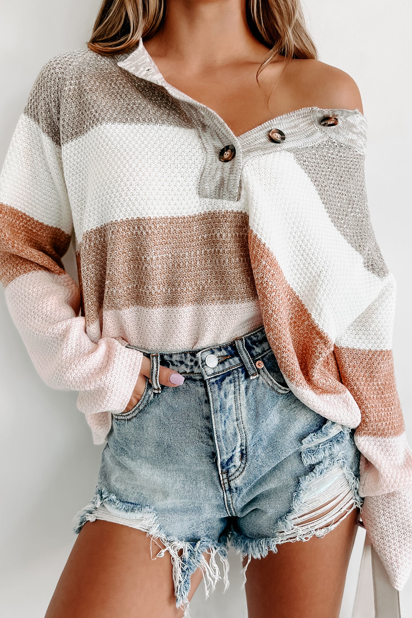 Sippin' On Cider Striped Henley Sweater (Taupe/Camel/Blush)