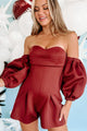 Stealing The Attention Off The Shoulder Detachable Sleeve Romper (Burgundy) - NanaMacs