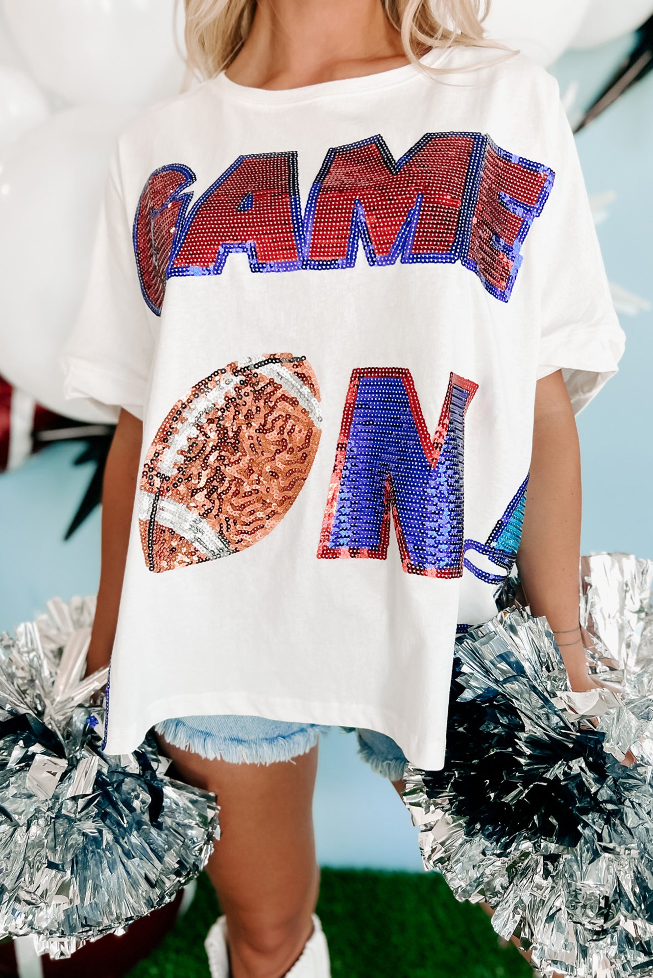 "Game On" Oversized Sequin Graphic Top (White) - NanaMacs