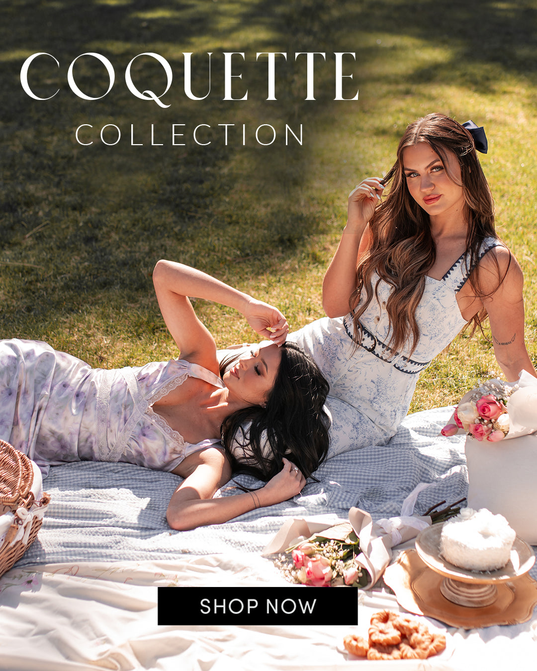 Coquette Collection. Photos of models wearing floral jumpsuits and dresses in a sunny afternoon picnic scene.  Call to Action says "shop now" and links to the Coquette Collection.