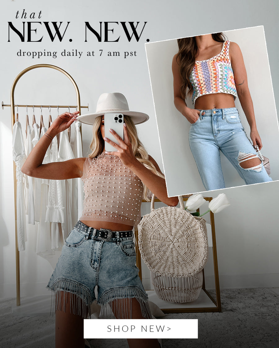 Collage of models wearing festival spring outfits. Headline says "that new. new. dropping daily at 7 am pst. Call to action says "shop now" and links to the new arrivals collection. 