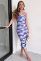 Dramatic Pose Tie Dye Ruched Maxi Dress (Blue Multi)