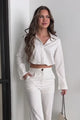 Checking My Investments Pinstripe Button-Down Crop Shirt (Ivory/Black)