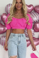 Living For The Drama Smocked Puff Sleeve Crop Top (Hot Pink)