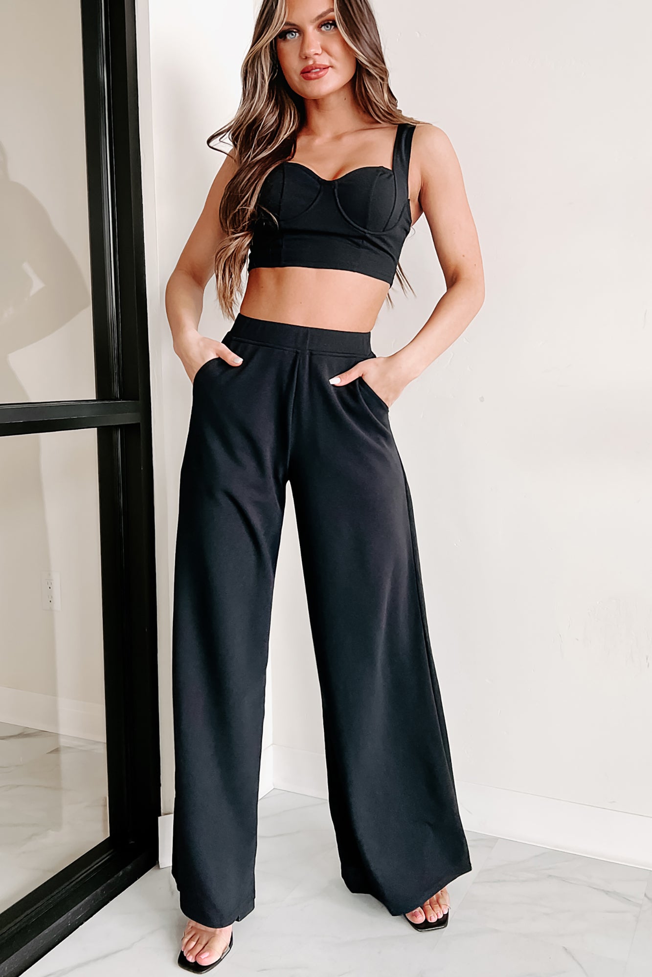 Women's Two Piece Pant Set - Bustier Style Crop Top / Flared Pants