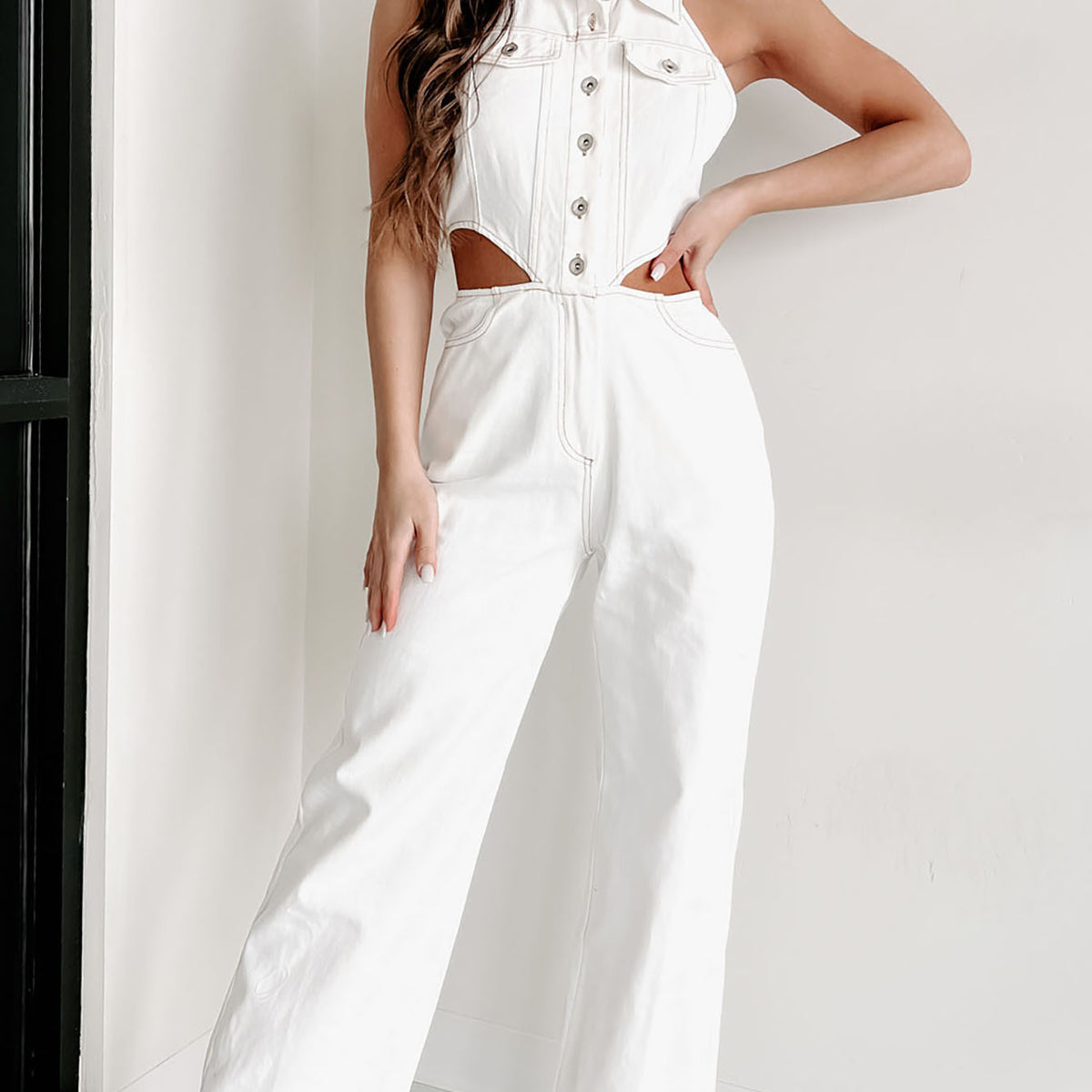 Heading South Denim Halter Jumpsuit (White) NanaMacs