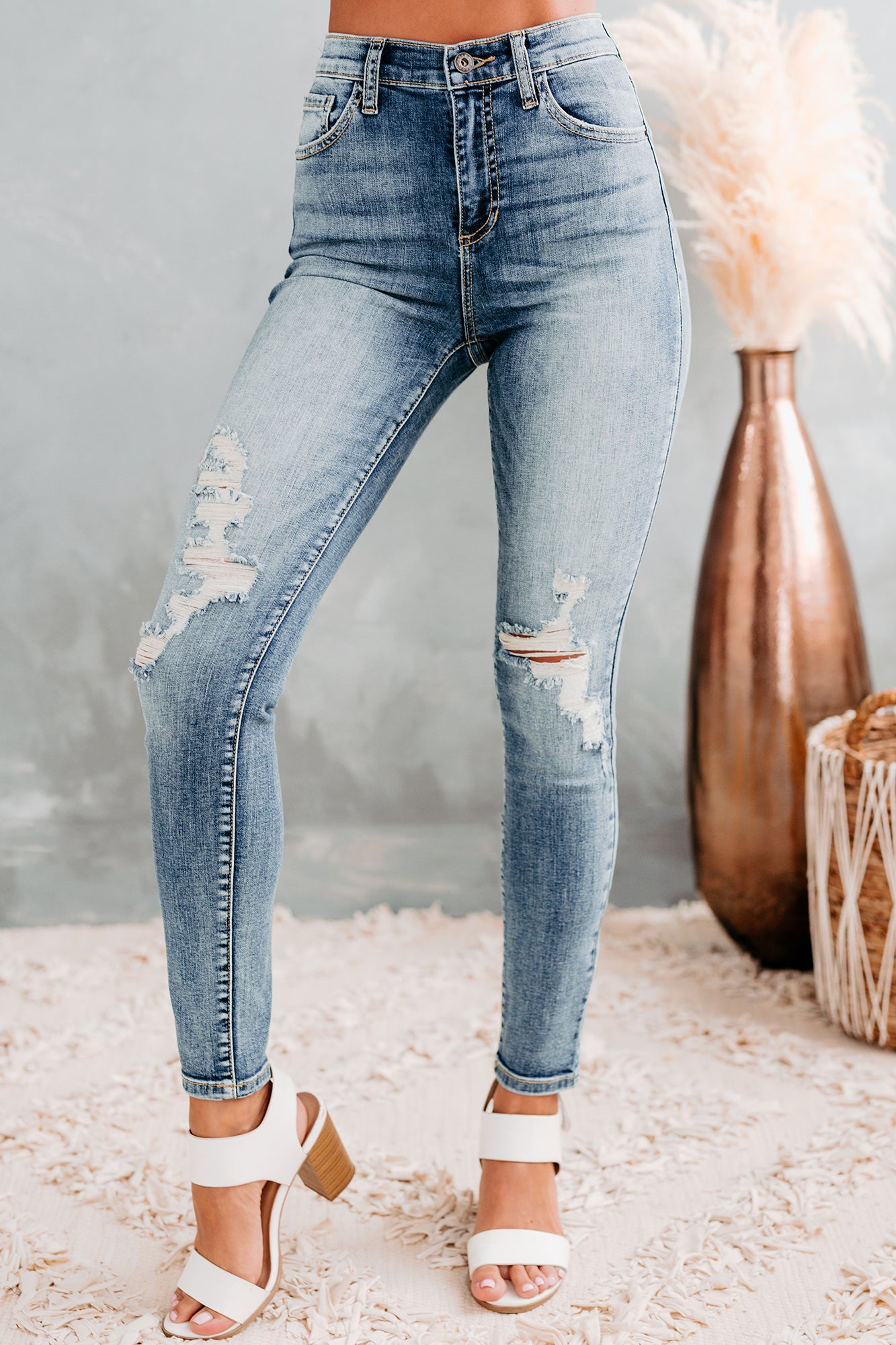 Light Wash Jeans, High Waisted, Distressed & Skinny