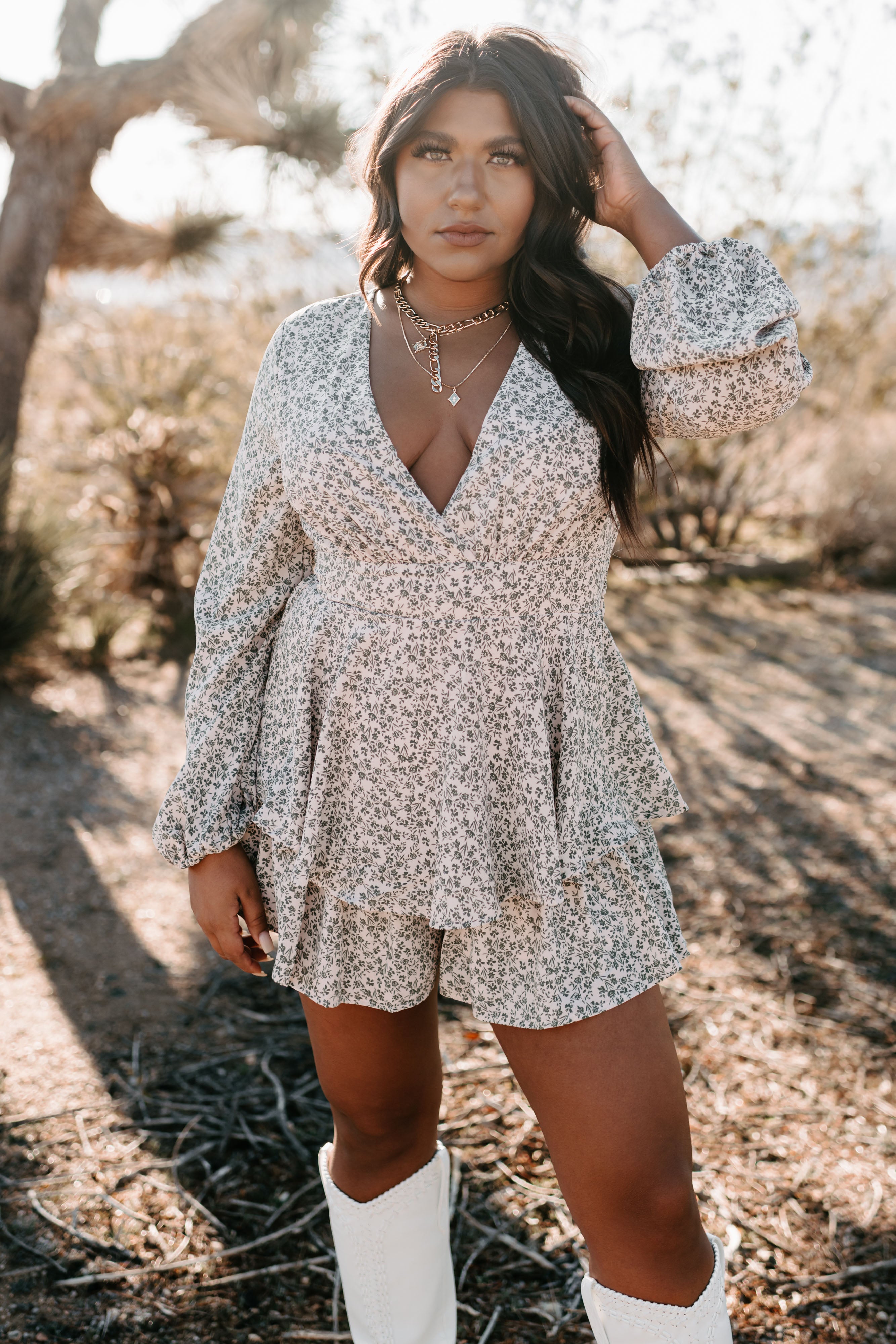 White floral romper long sales sleeve