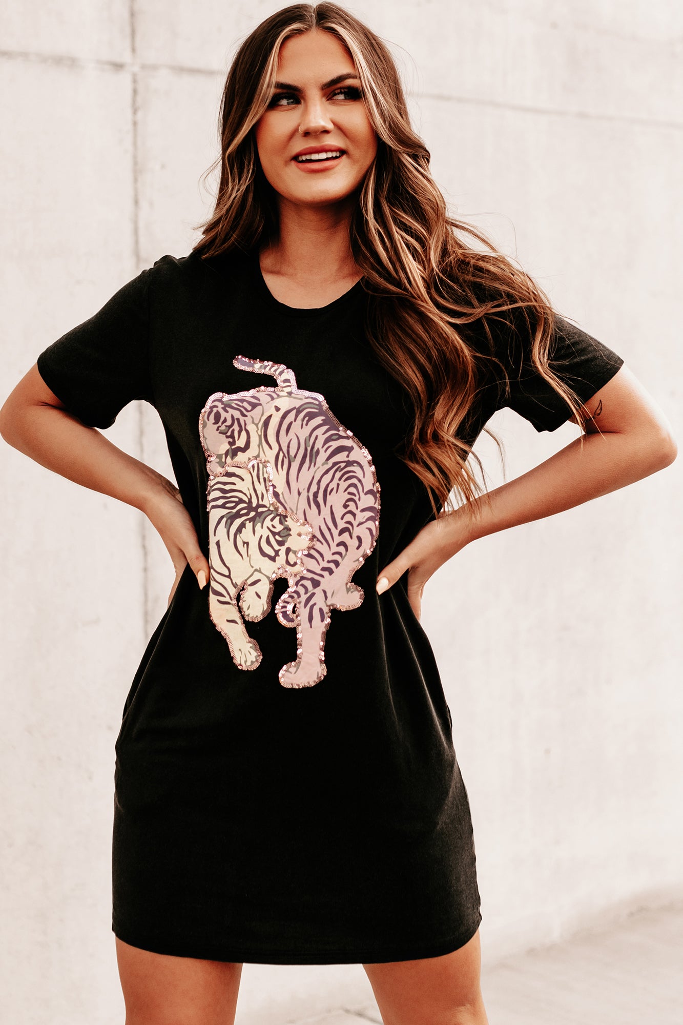 Fiercely Stylish Sequin Tiger Graphic T-Shirt Dress (Charcoal) - NanaMacs