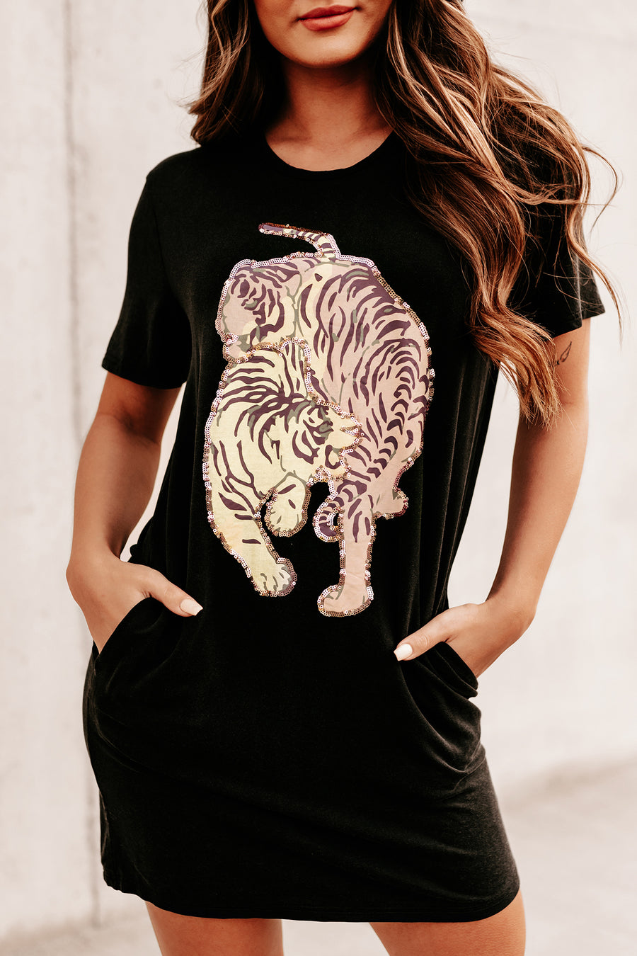 Fiercely Stylish Sequin Tiger Graphic T-Shirt Dress (Charcoal) - NanaMacs