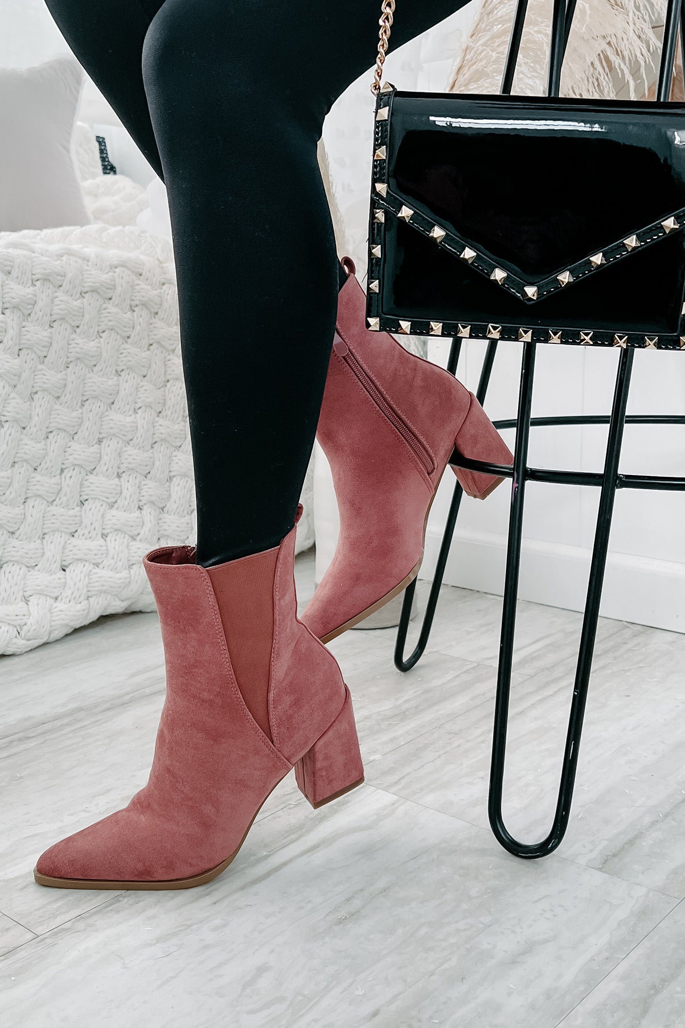 Vibin Around Faux Suede Pointed Toe Booties Dark Blush