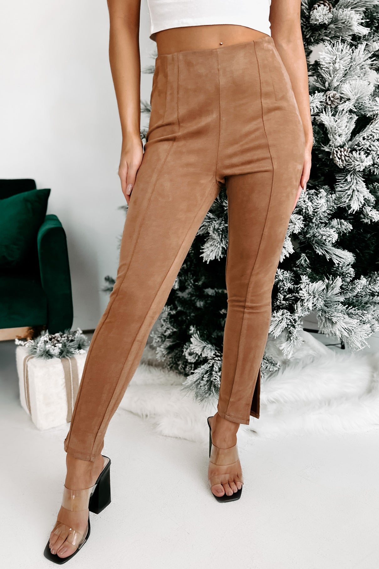 Stepping into fall with style in these camel faux suede pants
