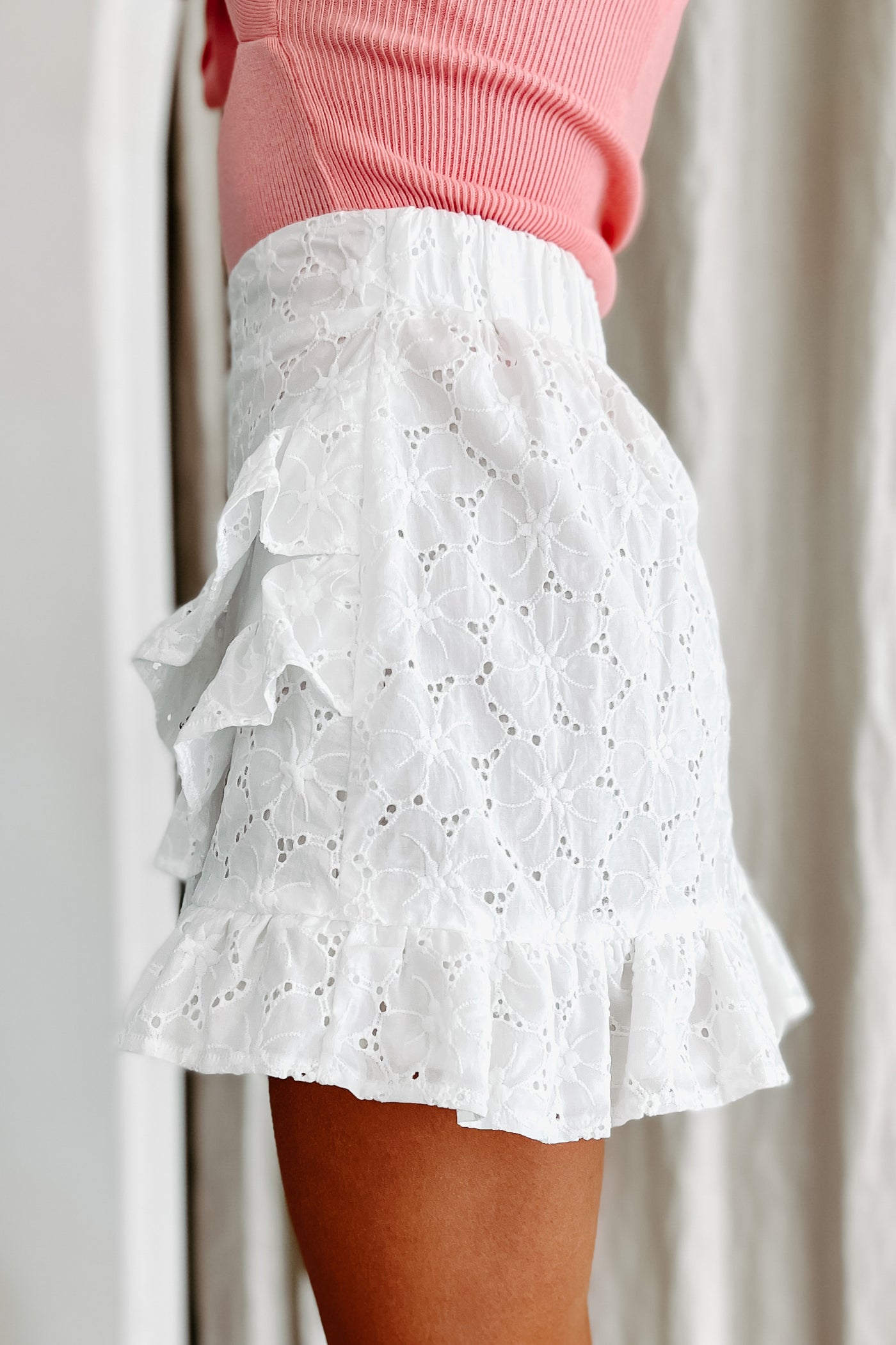 Endless Adoration Ruffled Eyelet Mini Skirt (White) - NanaMacs