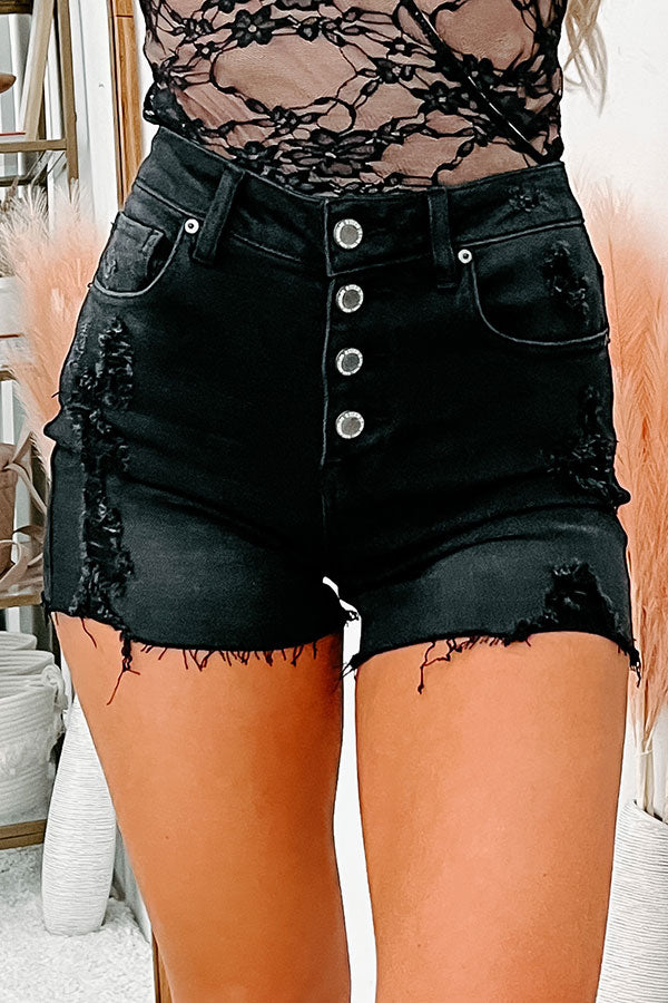 Closely Watching Button-Fly High Rise Distressed Denim Shorts (Black)