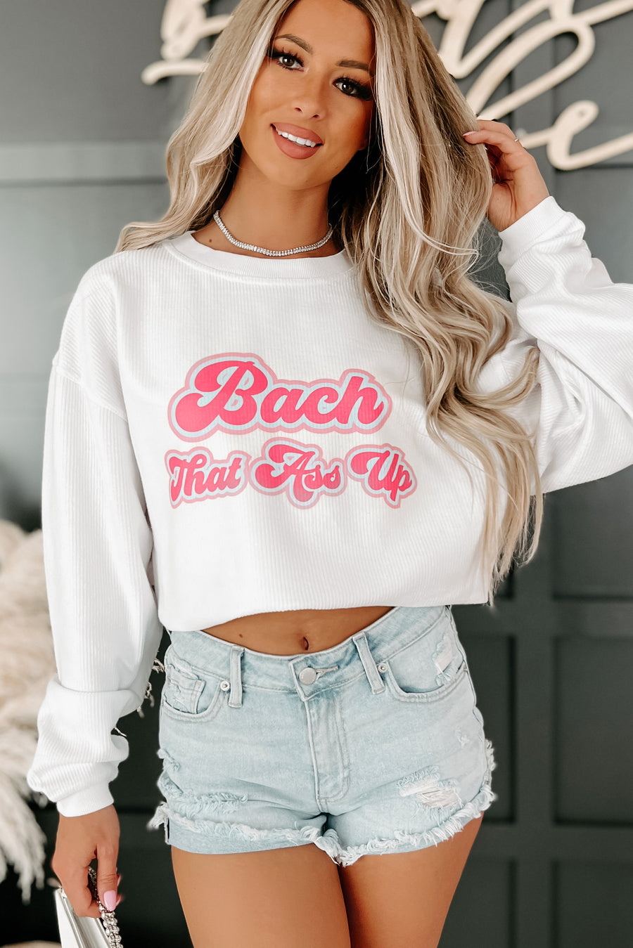 "Bach That Ass Up" Corded Graphic Crewneck (White/Pink) - Print On Demand - NanaMacs