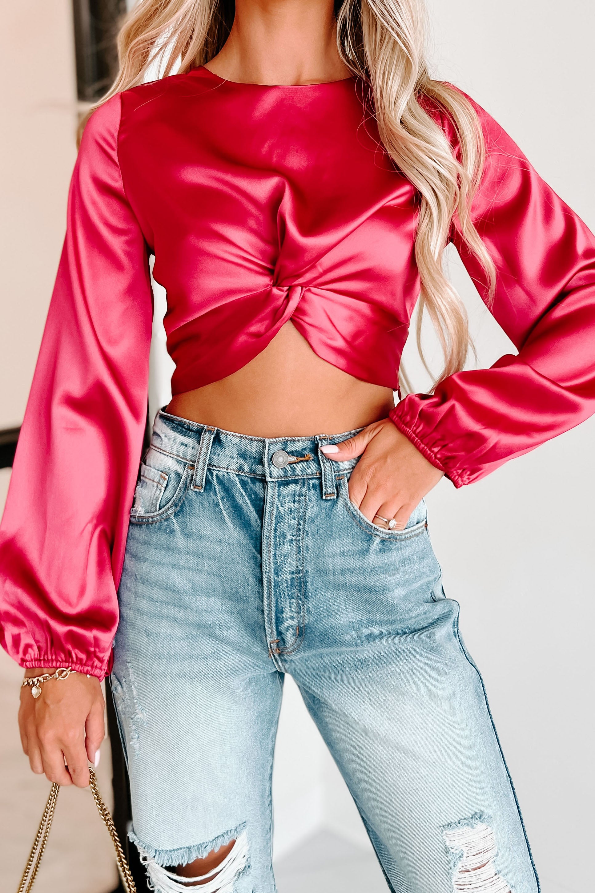 Satin Patterned Twist Front Crop Top - Red