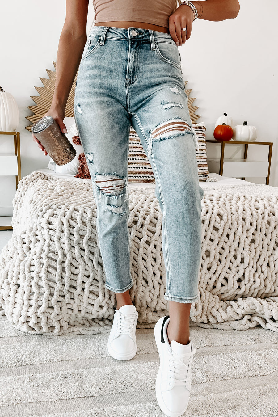 Katya High Rise Distressed Cropped Risen Jeans (Medium) - NanaMacs