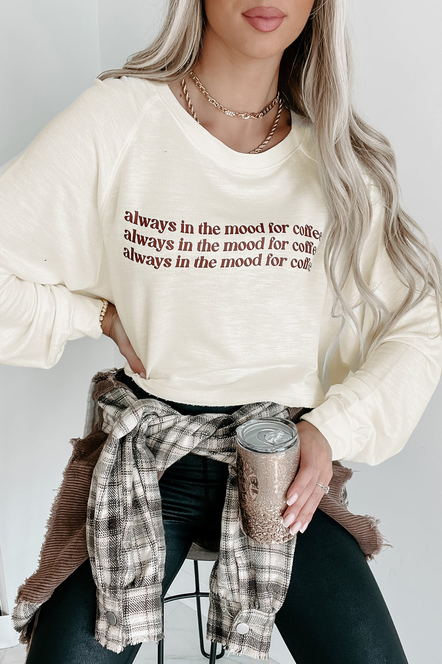 "Always In The Mood For Coffee" Long Sleeve Graphic Crop Top (French Vanilla) - Print On Demand - NanaMacs