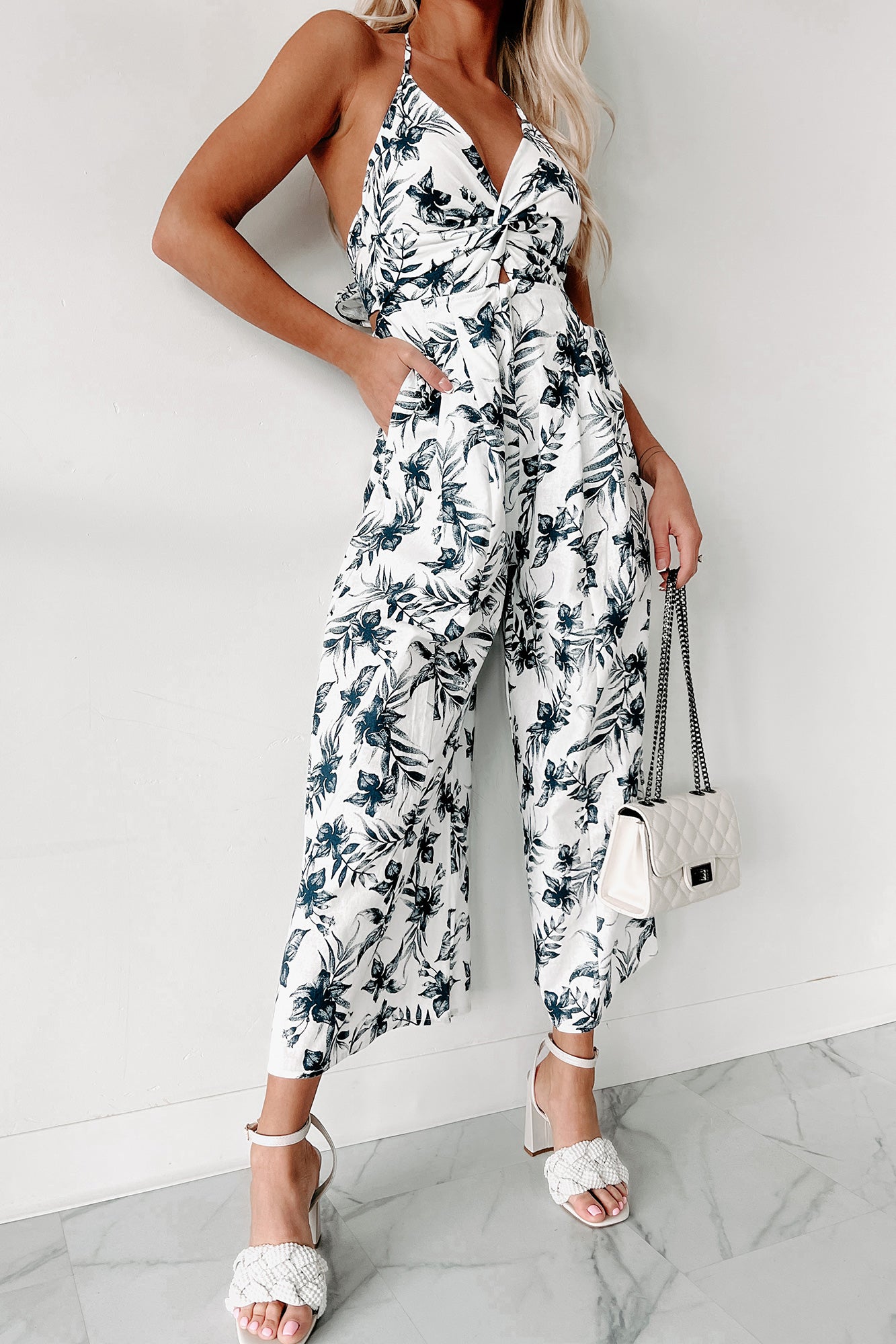 Getting Caught Up Floral Halter Wide Leg Jumpsuit (Navy/White