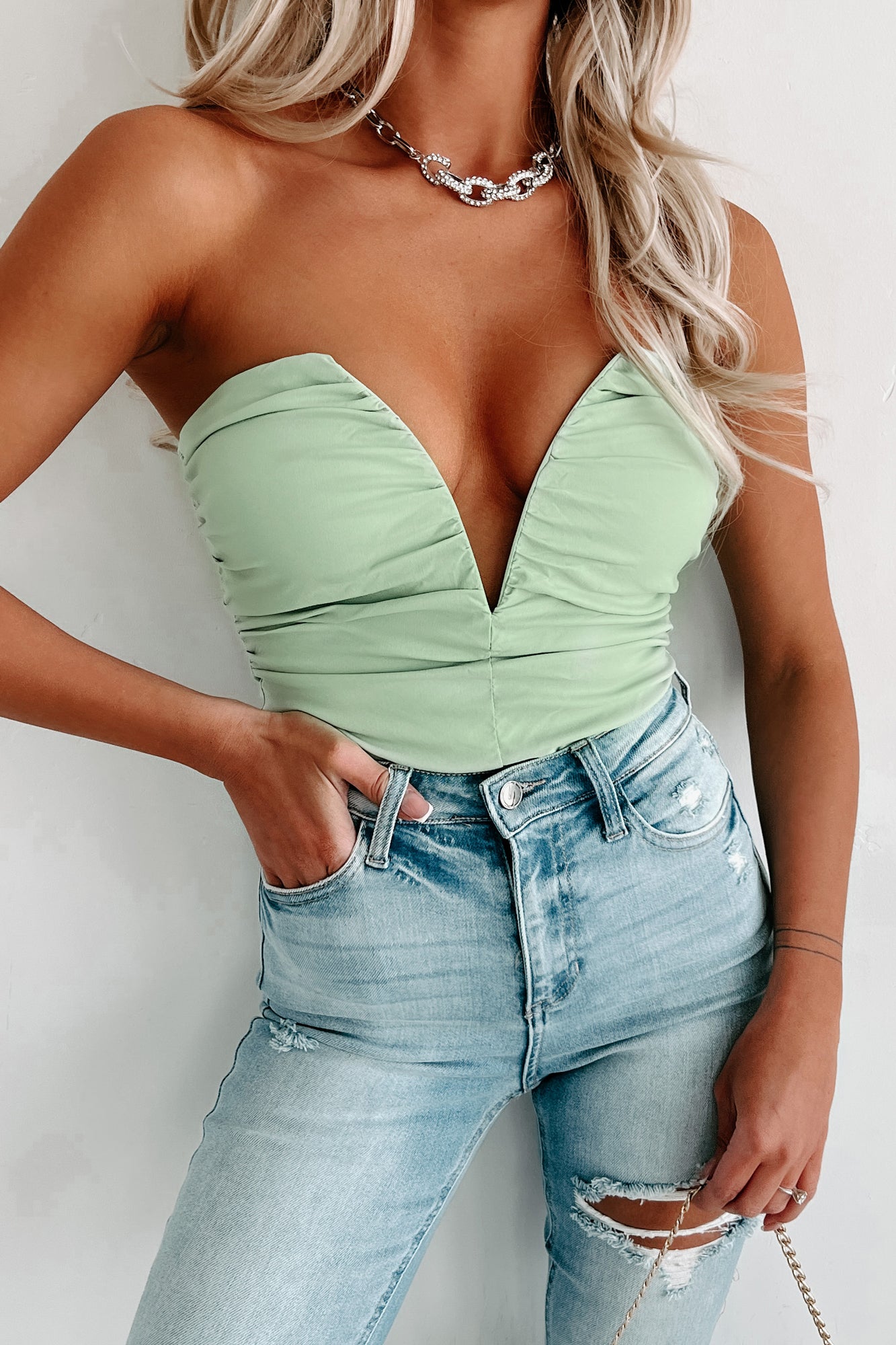 Out Of Your League Strapless Deep V Bodysuit (Green)