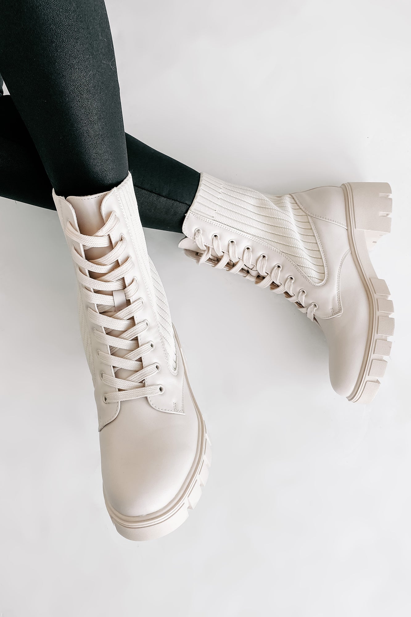 Changing The Game Ribbed Knit Lace-Up Combat Boots (Bone) · NanaMacs