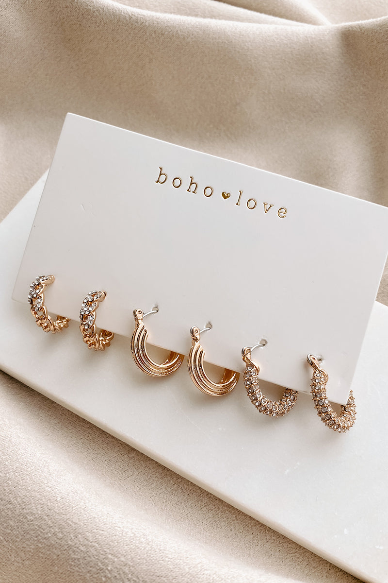 Practice Makes Pretty 3-Pair Huggie Hoop Earring Pack (Gold