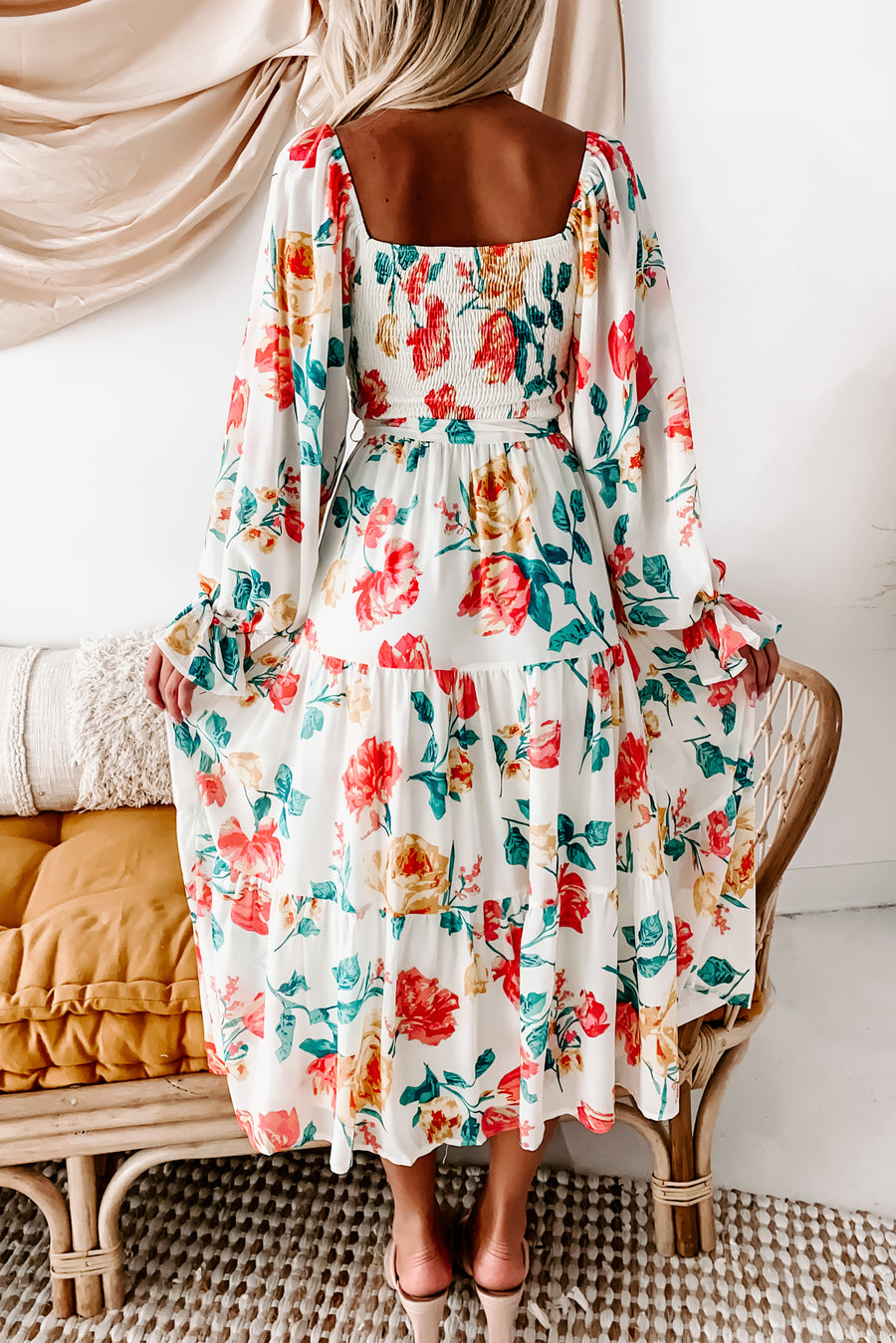 Vibrant Vibes Floral Midi Dress (Ivory) - NanaMacs