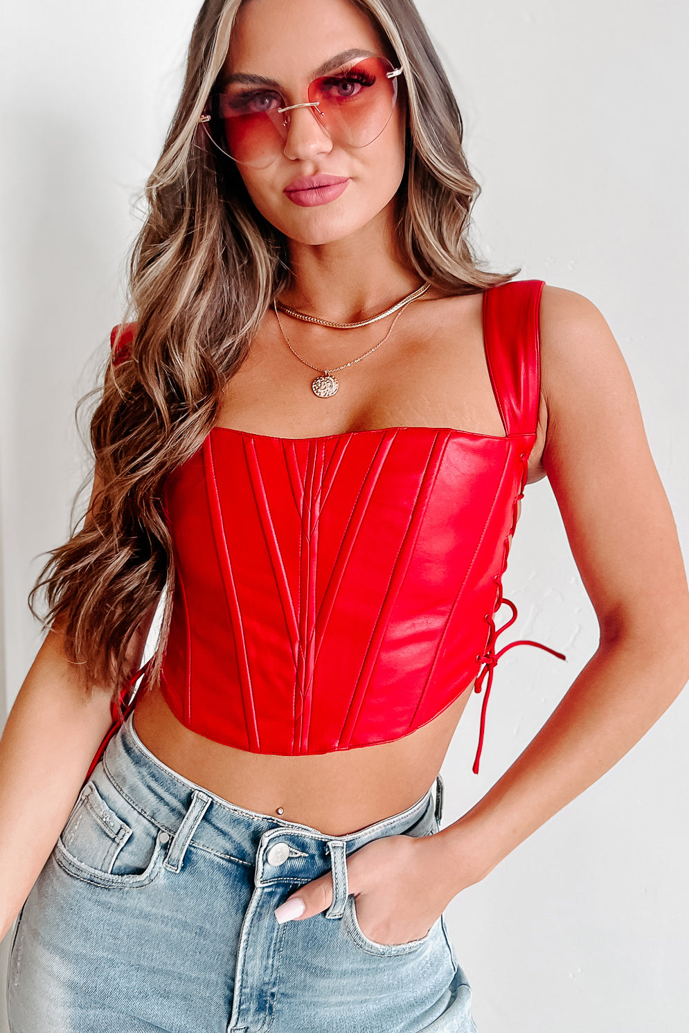 The Magic We Make Faux Leather Side-Tie Corset Crop Top (Red