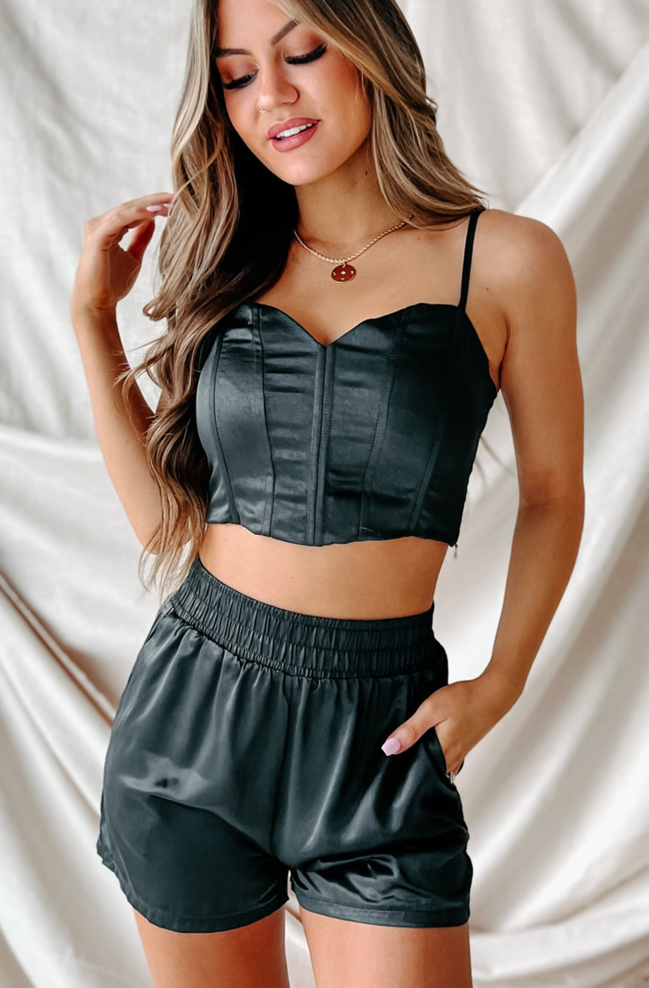 Style And Profile Satin Corset Crop Top (Black)