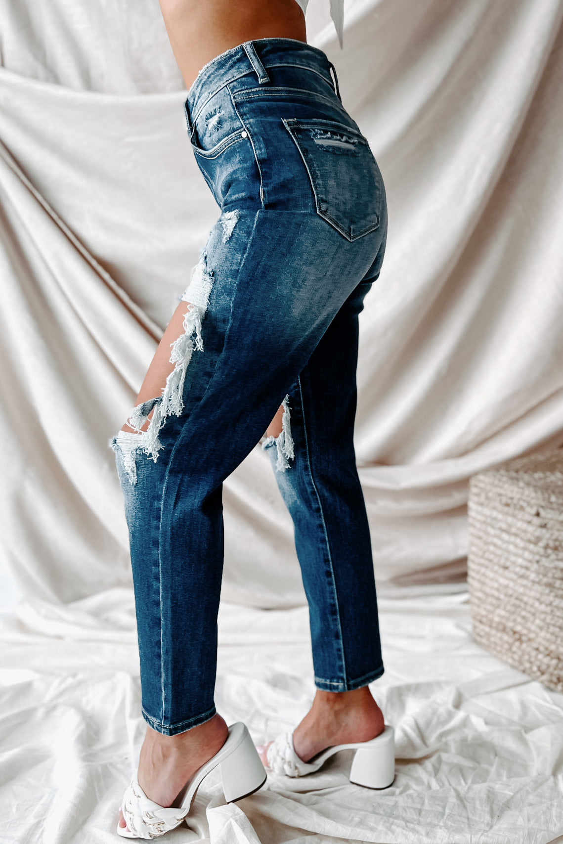 Izetta High Rise Distressed Risen Slim Straight Jeans (Dark) - NanaMacs