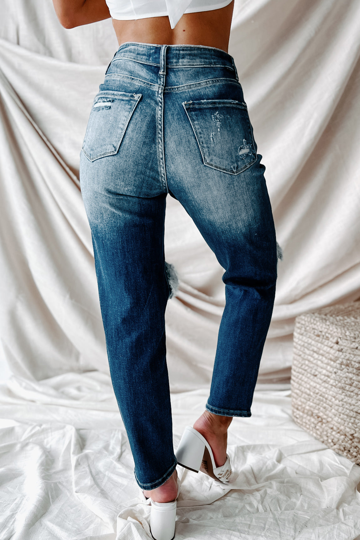 Izetta High Rise Distressed Risen Slim Straight Jeans (Dark) - NanaMacs