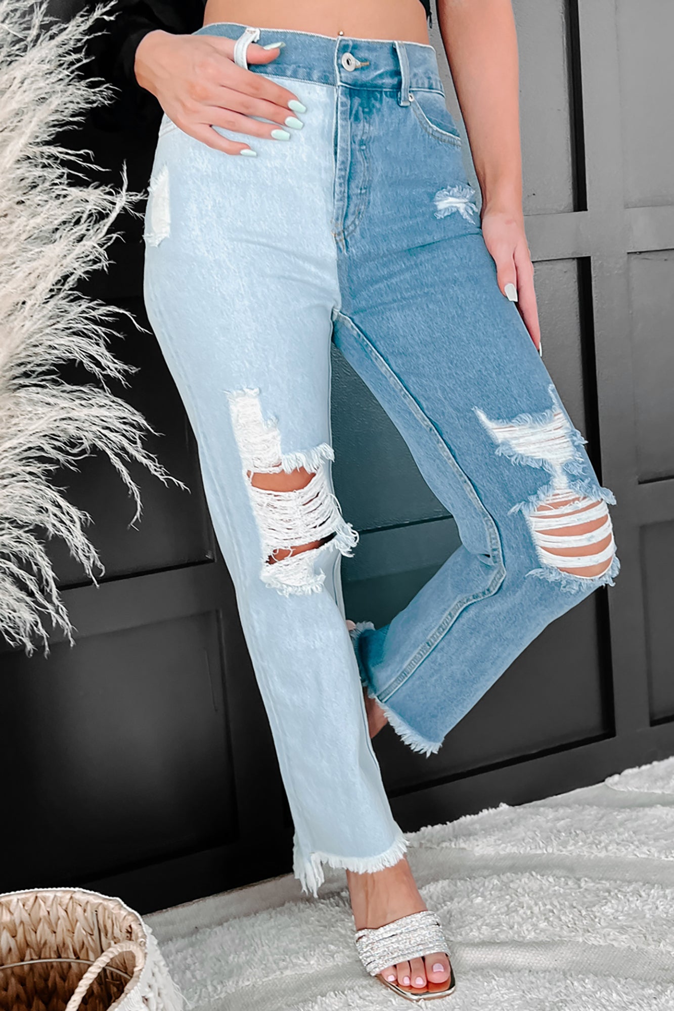Stassie High Rise Distressed Two-Tone Jeans (Light/Medium)