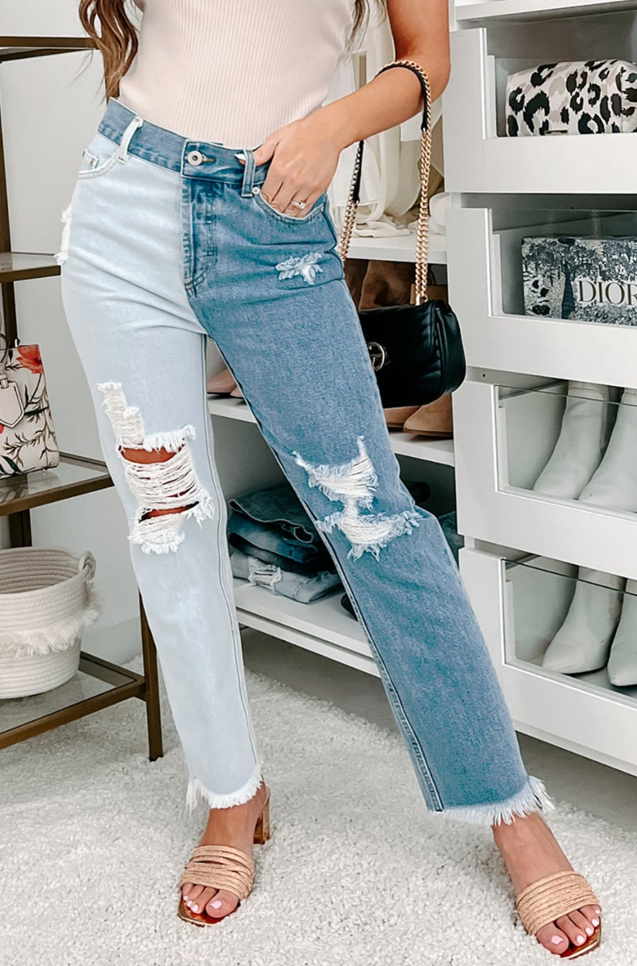 Stassie High Rise Distressed Two-Tone Jeans (Light/Medium) - NanaMacs