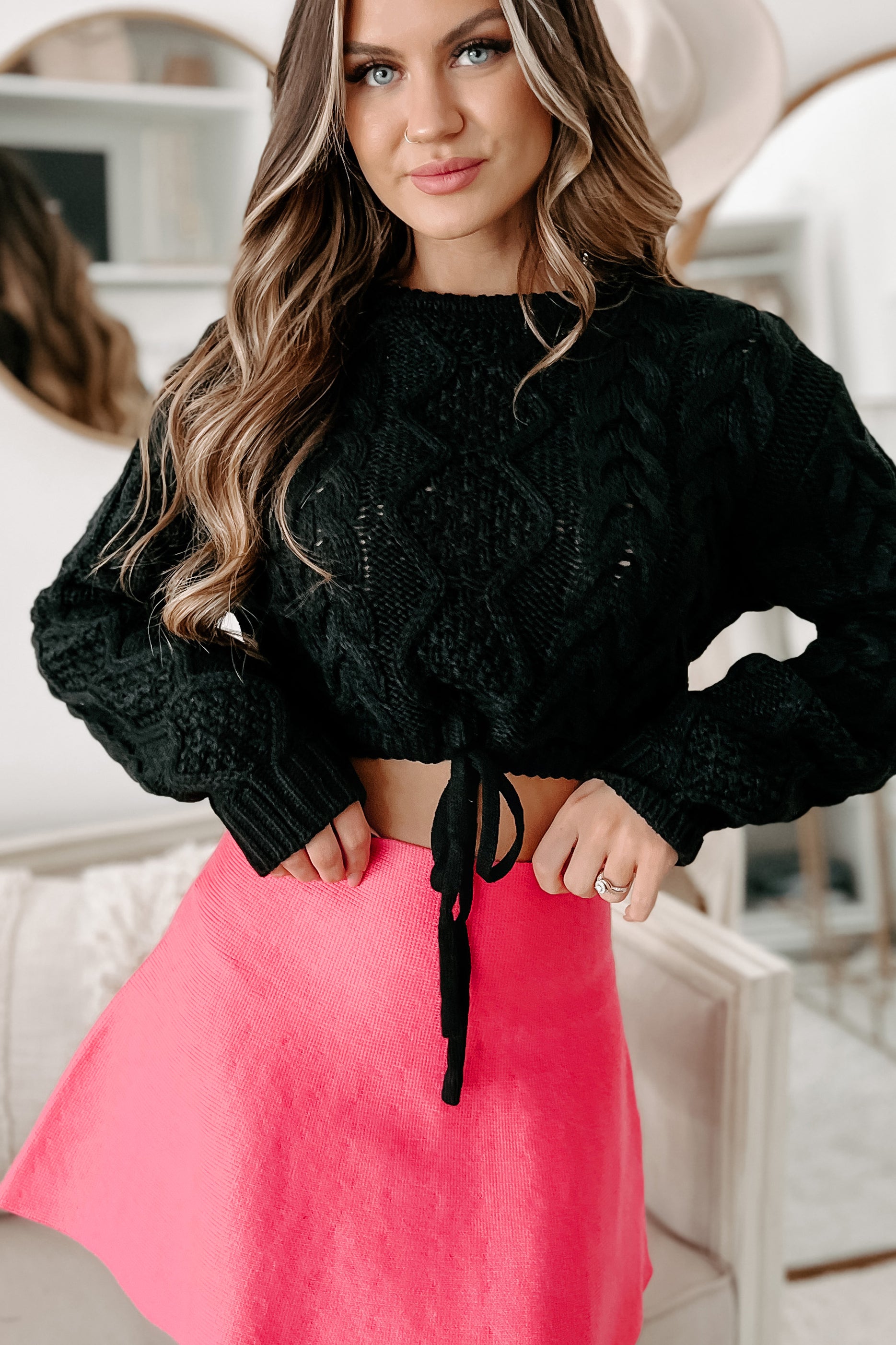 Cider Sips Cropped Cable Knit Sweater (Black) · NanaMacs
