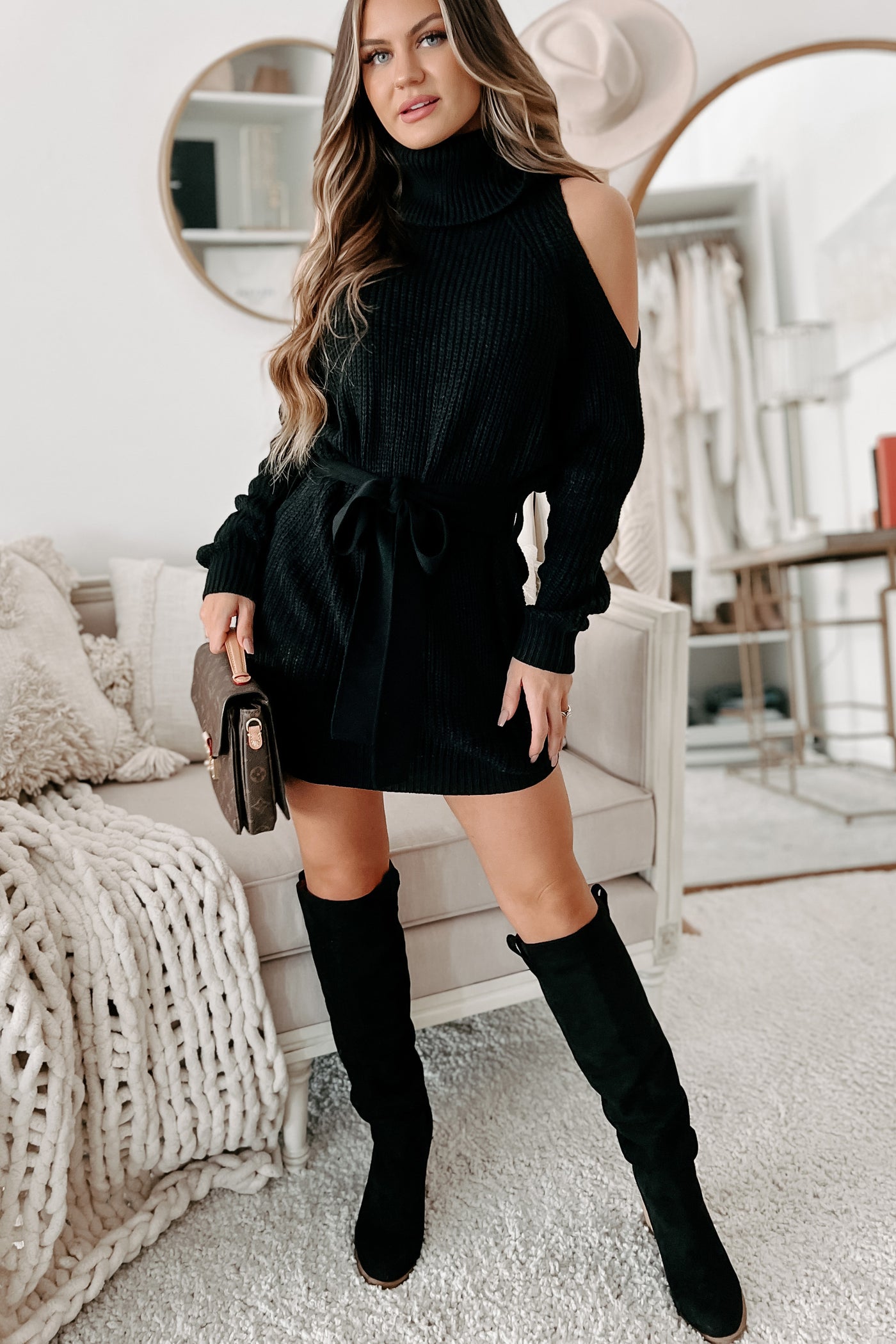Taking Over My Time Cold Shoulder Sweater Dress (Black) - NanaMacs