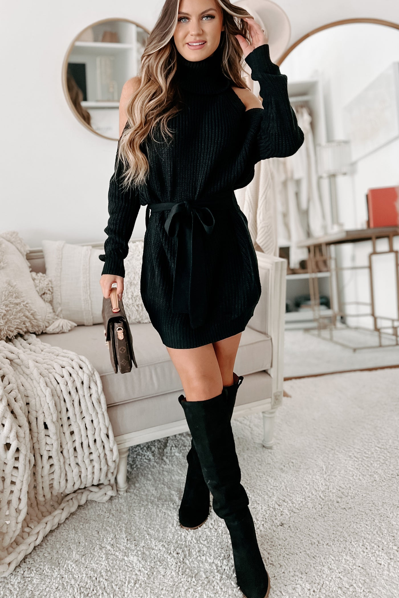 Taking Over My Time Cold Shoulder Sweater Dress (Black) - NanaMacs