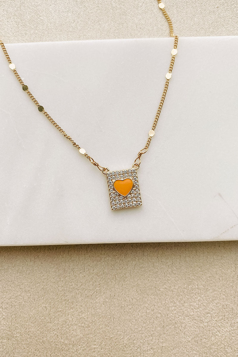 Heart You Rhinestone Heart Charm Necklace (Orange/Gold) - NanaMacs