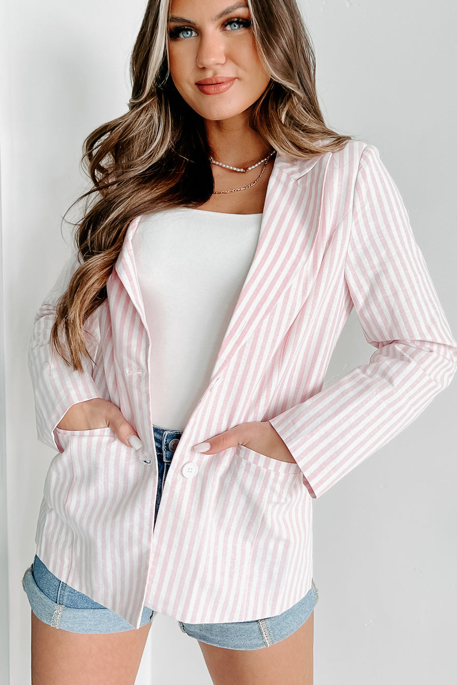 She Suits & Scores Striped Blazer (Pink) - NanaMacs