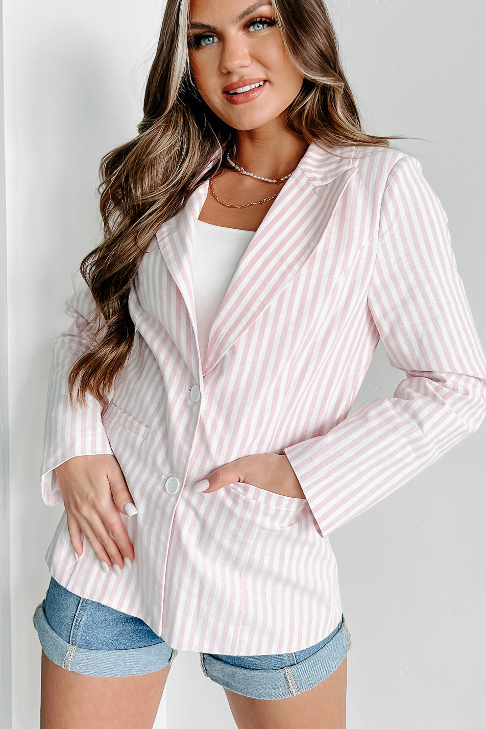 She Suits & Scores Striped Blazer (Pink) - NanaMacs