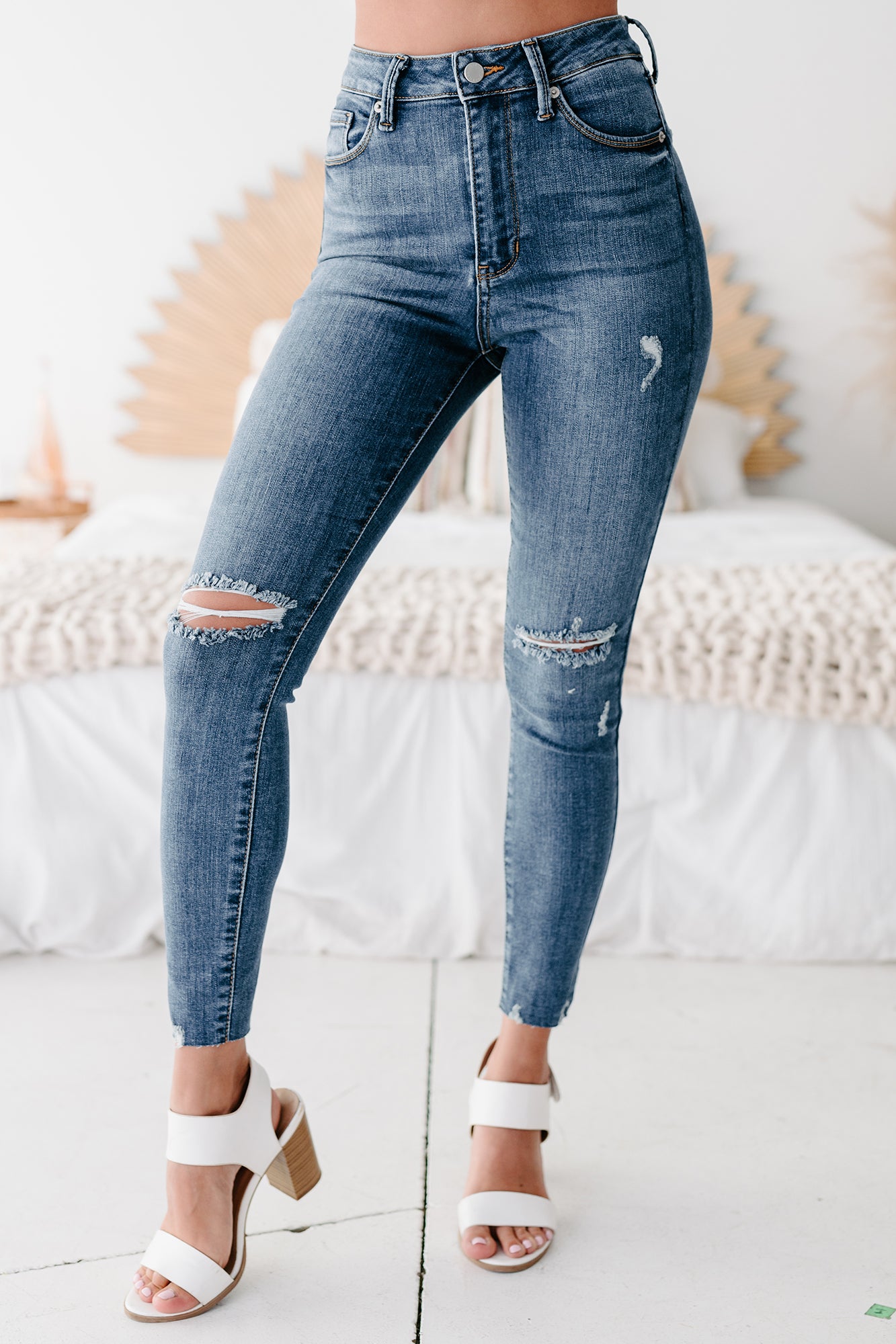 Distressed Ankle Skinny Jeans, Medium Wash