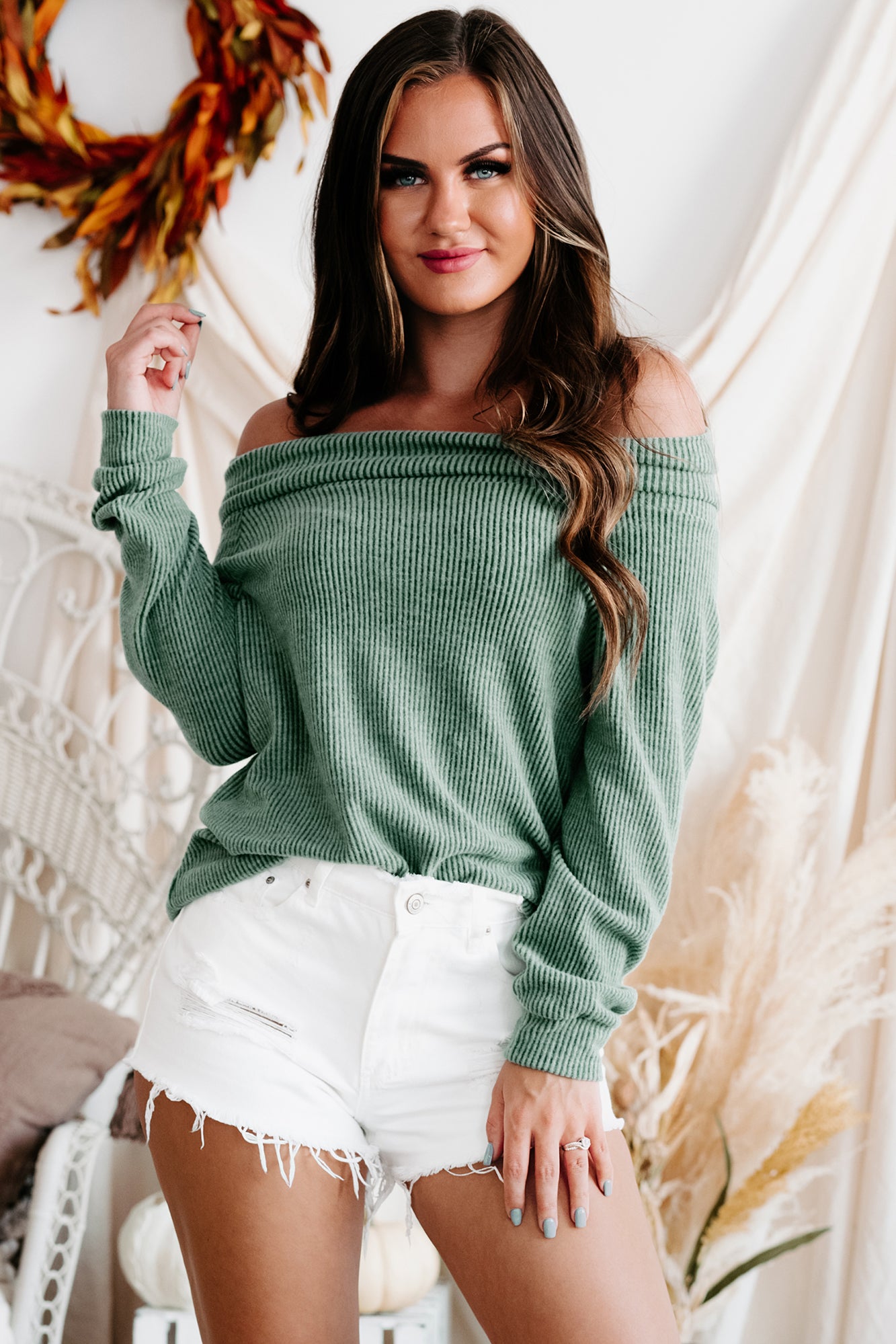 Tarena Ribbed Off The Shoulder Sweater Olive NanaMacs