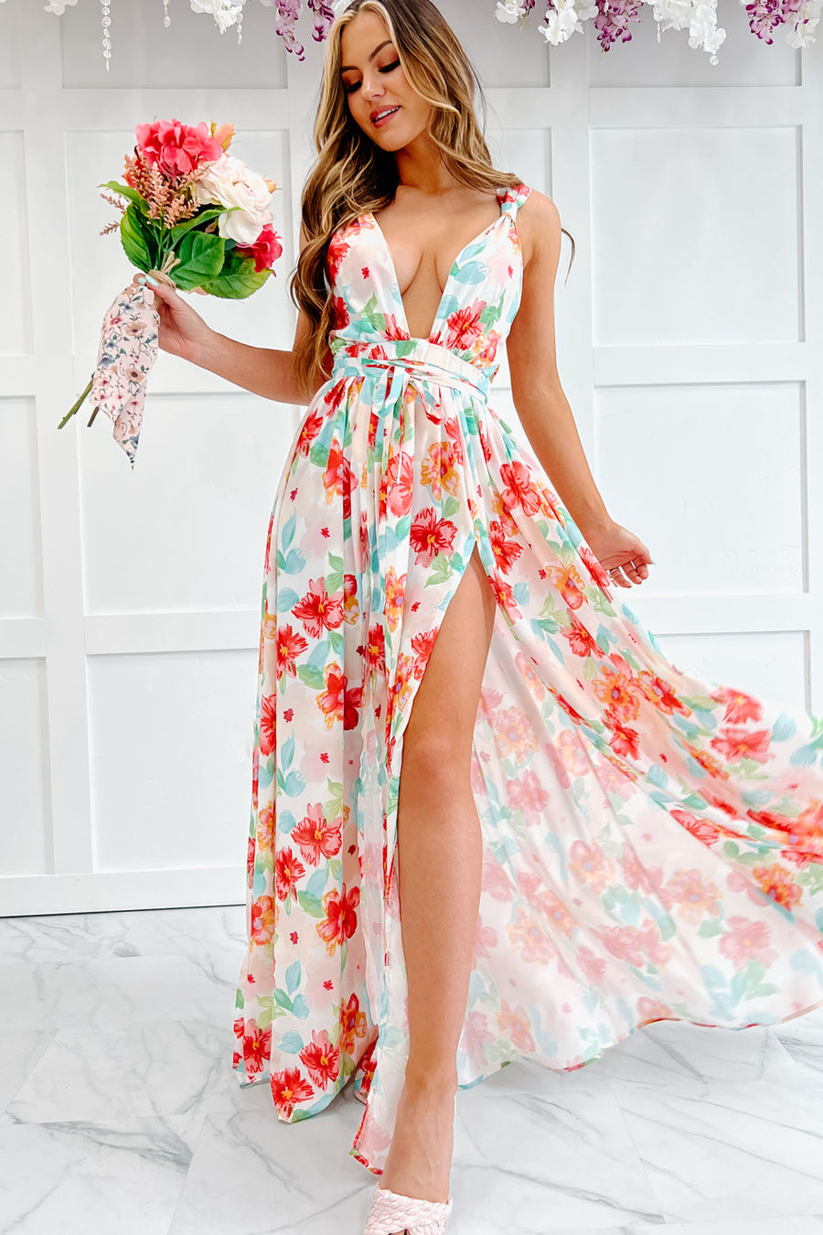 Strike A Pose Plunging Floral Maxi Dress (Ivory Multi) - NanaMacs