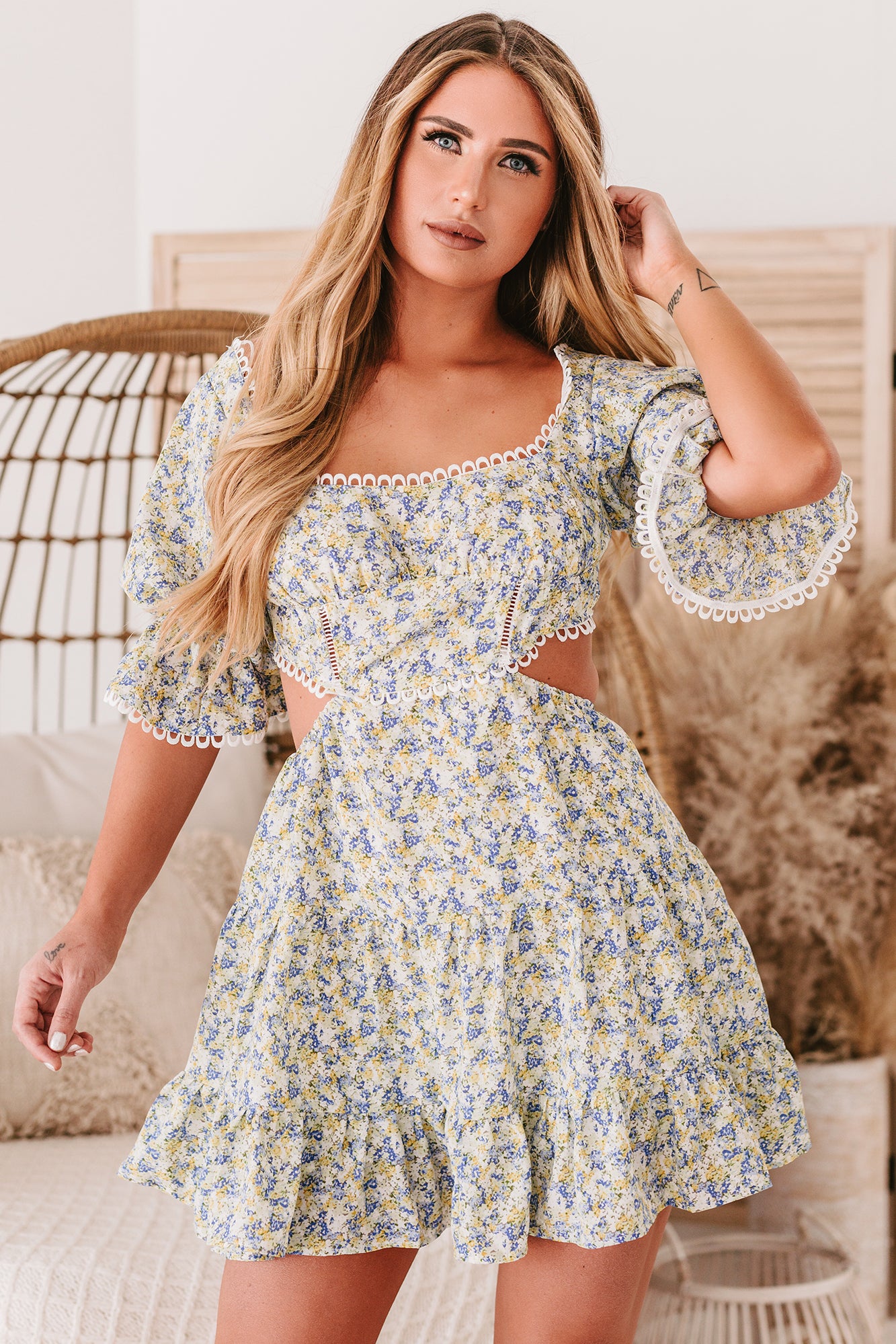 First Blooms Floral Print Tiered Cut-Out Dress (Yellow/Blue)