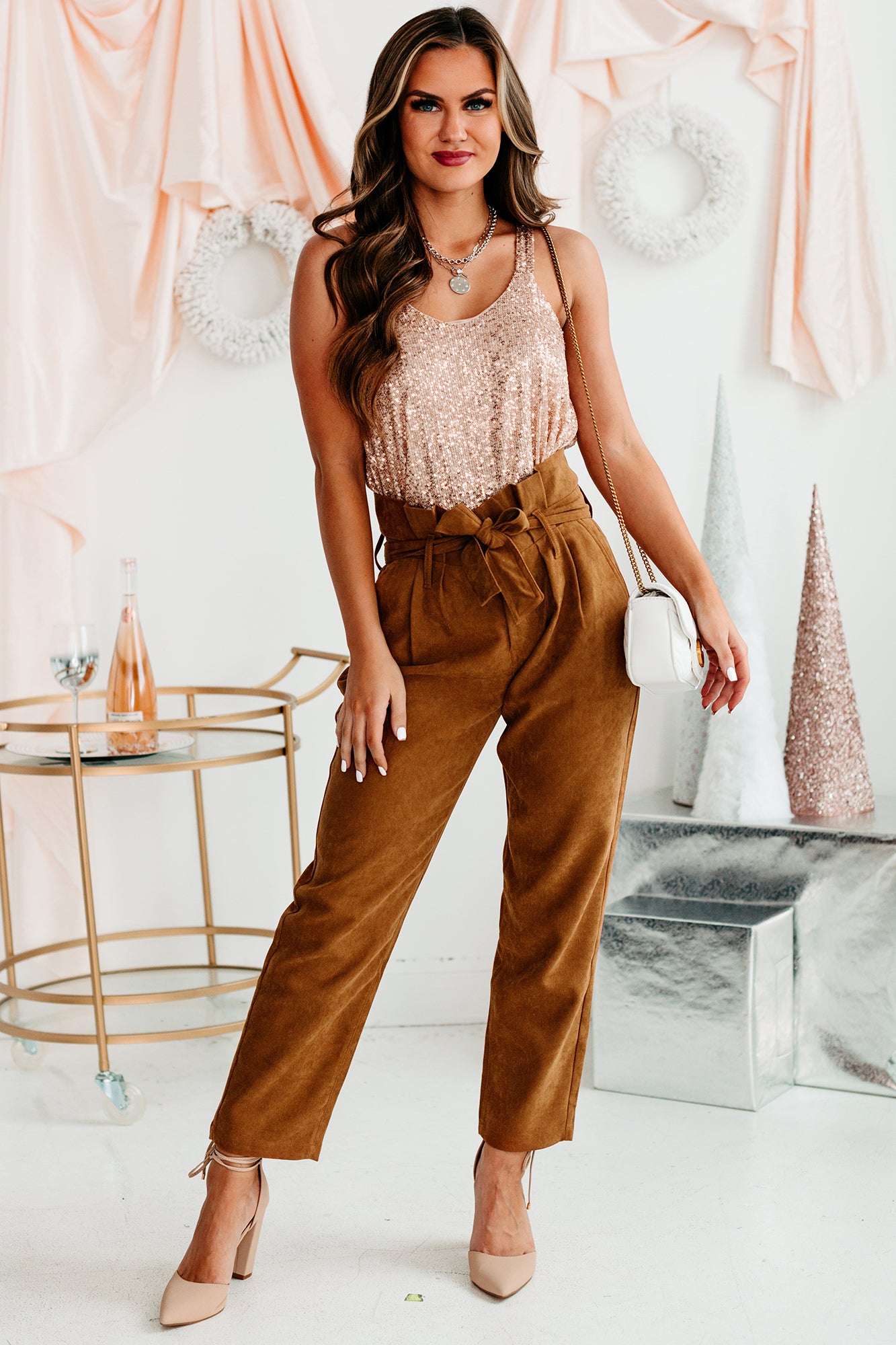 Tied Together Paperbag Waist Faux Suede Pants (Camel)