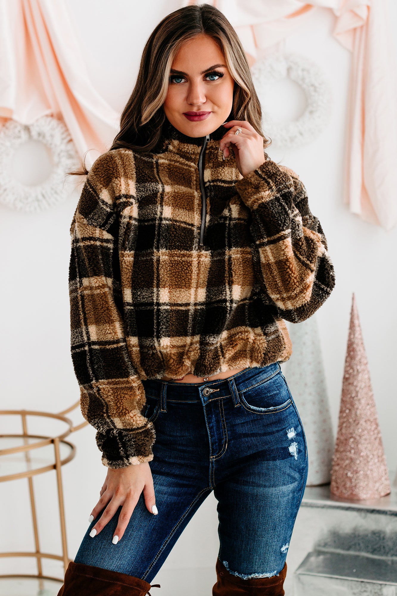 Plaid half outlet zip pullover