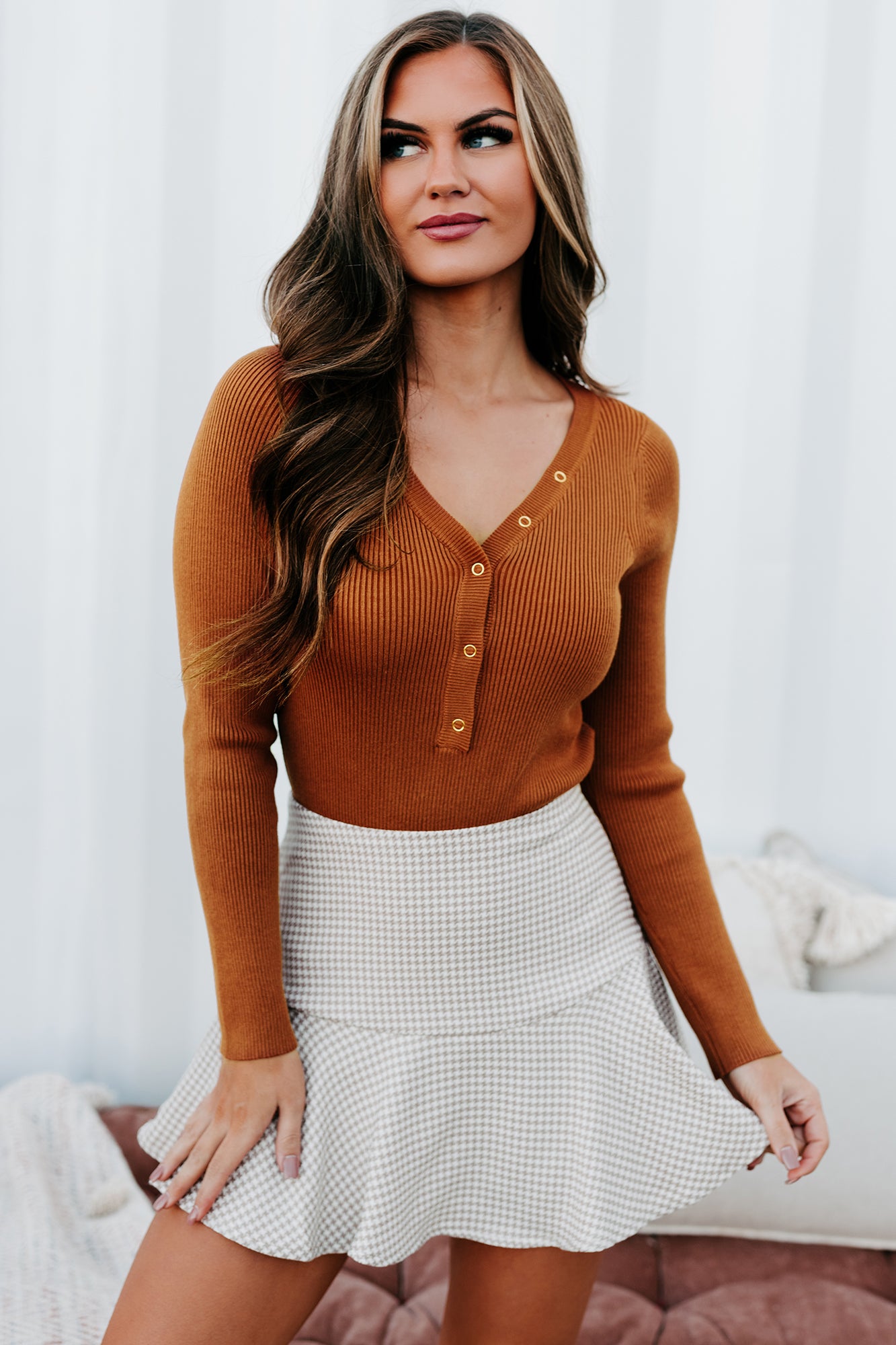 Stay Or Leave Ribbed Button-Down Bodysuit (Rust) · NanaMacs