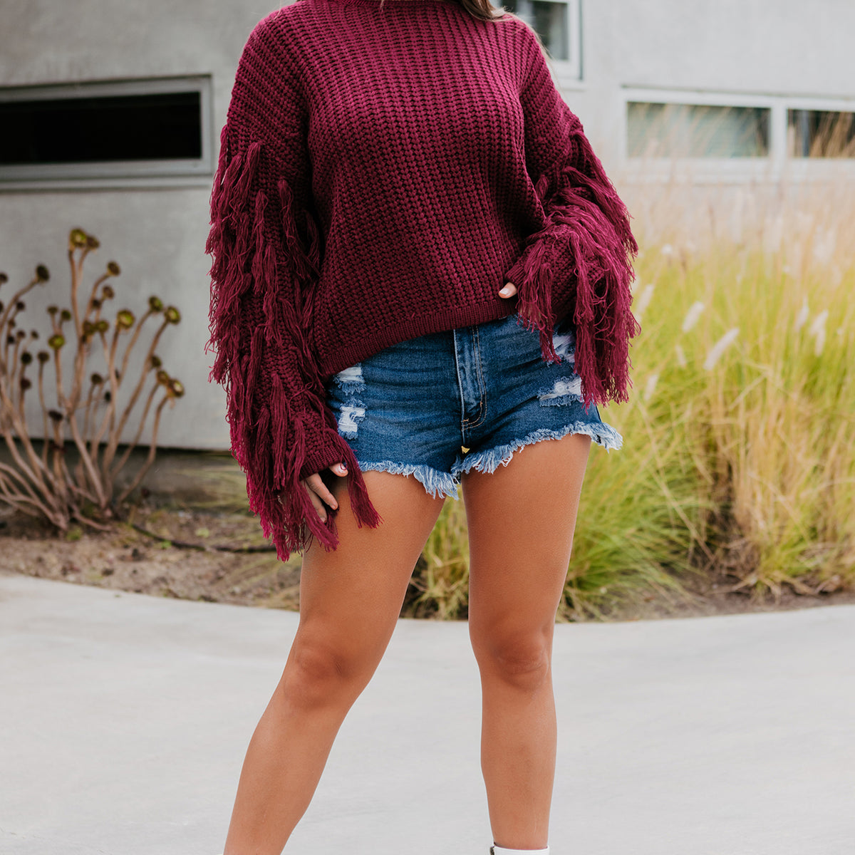 Sweet Like Cider Fringe Sleeve Sweater (Wine) NanaMacs